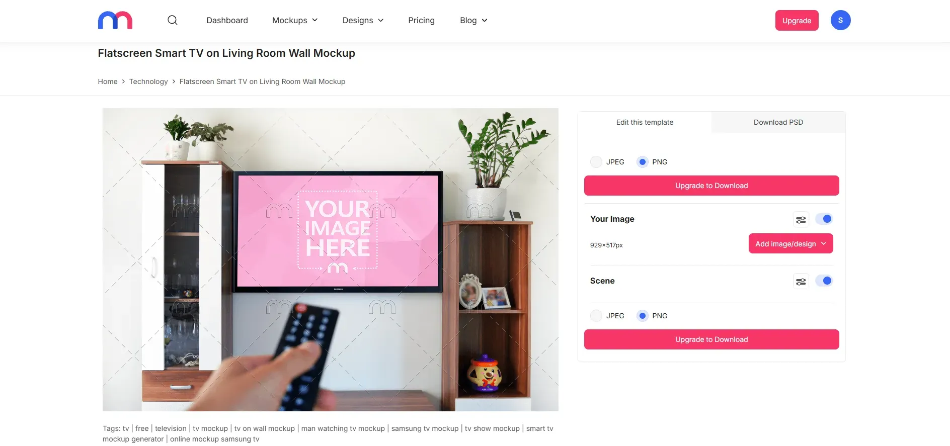 MediaModifier TV mockup page showing a flatscreen smart TV on a living room wall with image upload and download options.